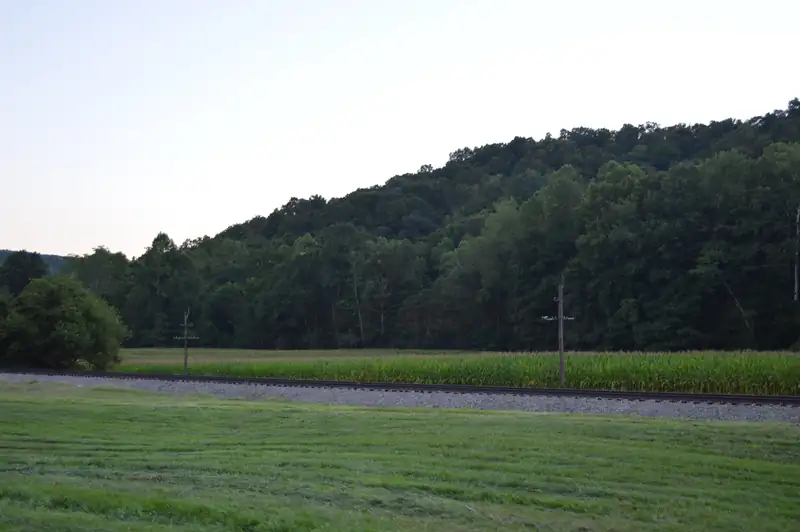 Cornfields and a wooded ridge along State Route 73 in Brush Creek Township