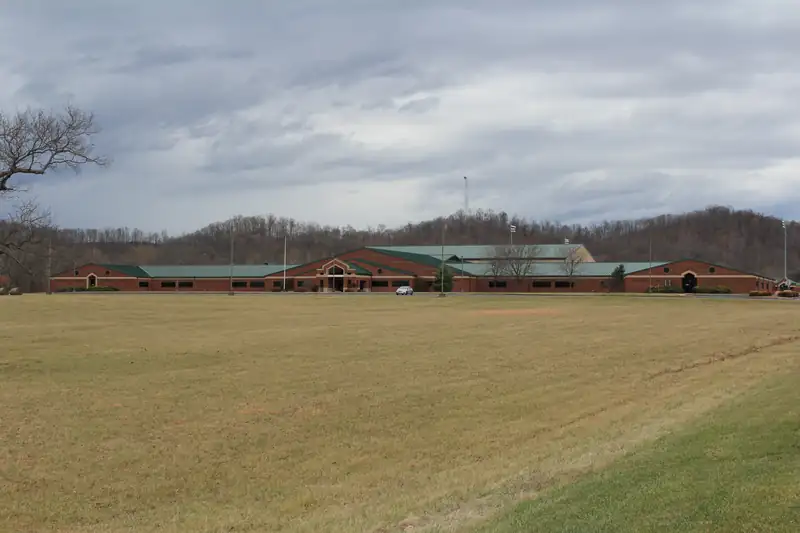Valley High School beyond an open field near Lucasville, Ohio