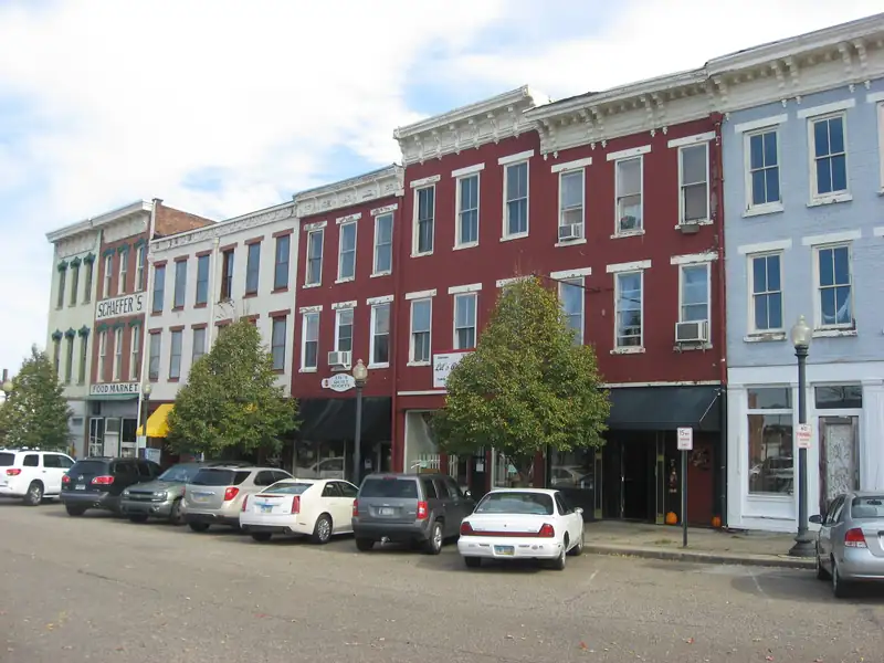 Brick storefront buildings on Market Street in Portsmouth's Boneyfiddle district