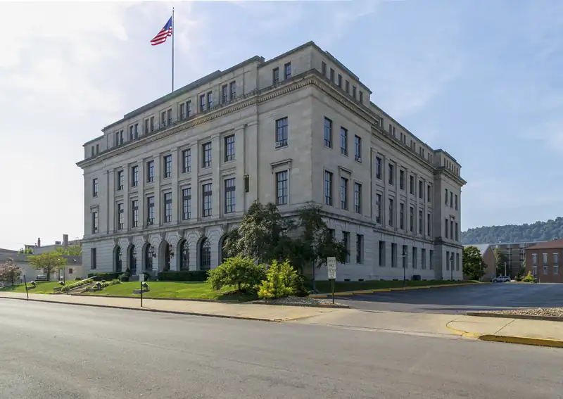 The Scioto County Courthouse, a stone government building in Portsmouth, Ohio
