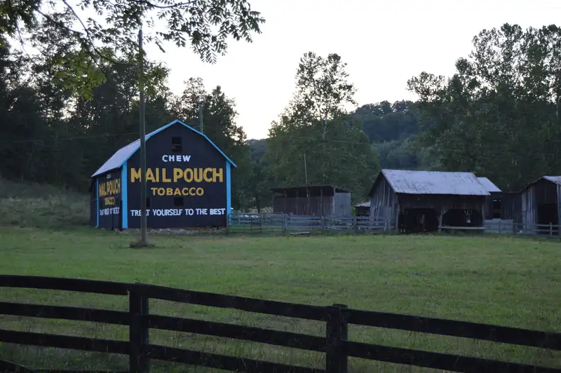 A painted Mail Pouch Tobacco barn on a farm in Union Township